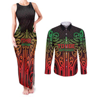 Custom Aotearoa Tuhoe Couples Matching Tank Maxi Dress and Long Sleeve Button Shirt Maori Tribal Pattern Mix Poutama LT05 Black - Polynesian Pride