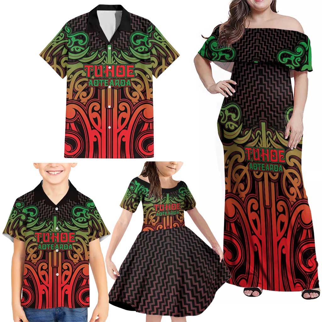 Custom Aotearoa Tuhoe Family Matching Off Shoulder Maxi Dress and Hawaiian Shirt Maori Tribal Pattern Mix Poutama LT05 - Polynesian Pride