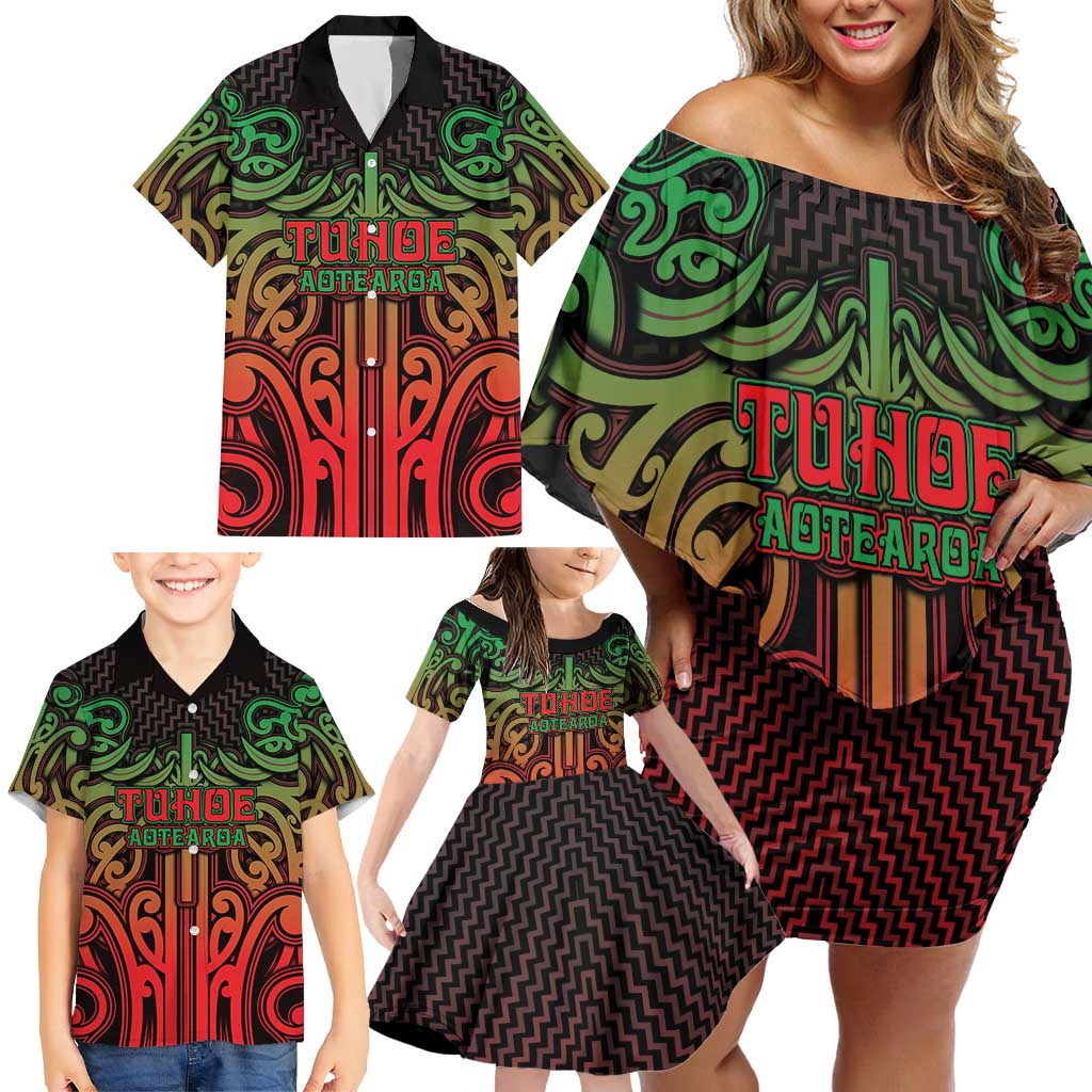 Custom Aotearoa Tuhoe Family Matching Off Shoulder Short Dress and Hawaiian Shirt Maori Tribal Pattern Mix Poutama LT05 - Polynesian Pride