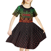 Custom Aotearoa Tuhoe Kid Short Sleeve Dress Maori Tribal Pattern Mix Poutama