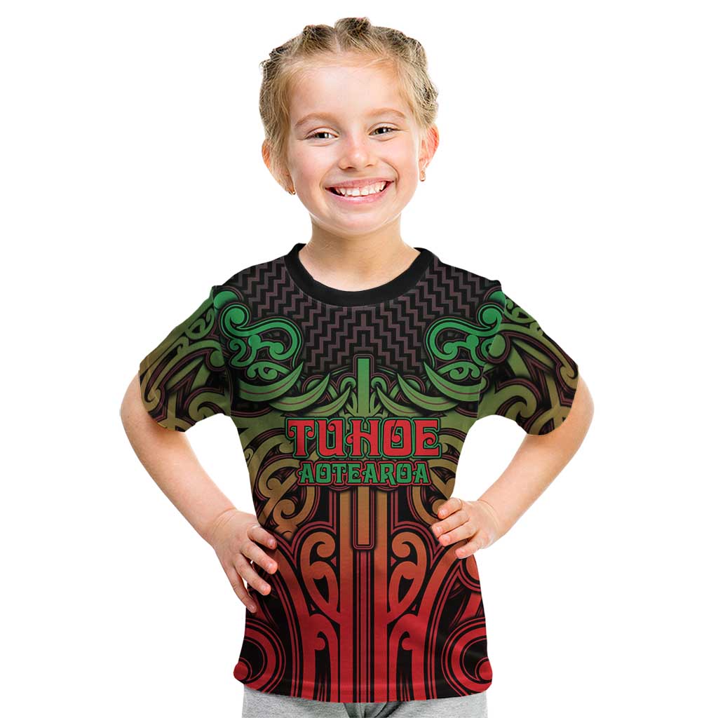 Custom Aotearoa Tuhoe Kid T Shirt Maori Tribal Pattern Mix Poutama LT05 Black - Polynesian Pride