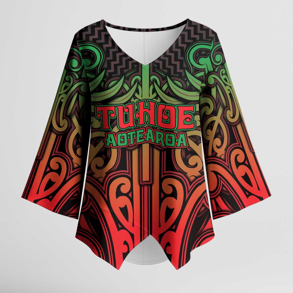 Custom Aotearoa Tuhoe Kimono Sleeve Blouse Maori Tribal Pattern Mix Poutama LT05 Female Black - Polynesian Pride