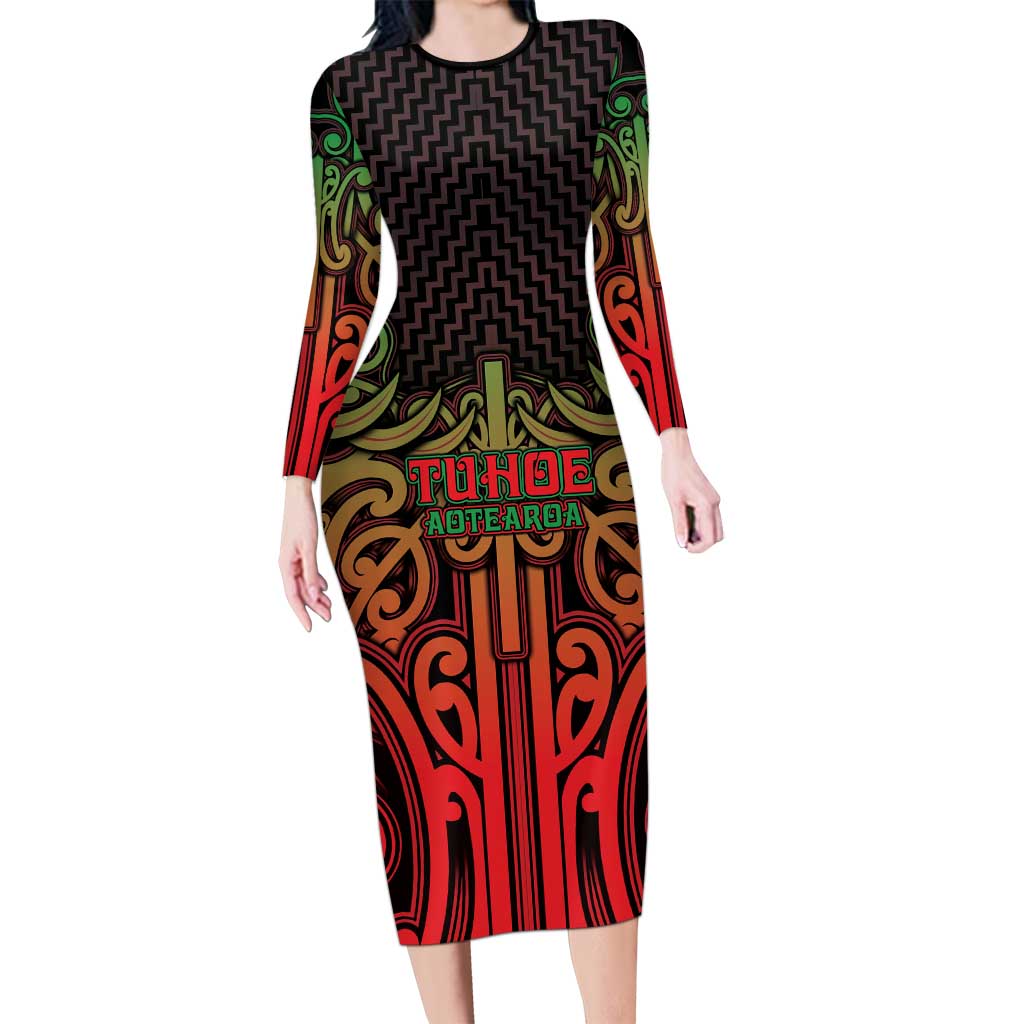 Custom Aotearoa Tuhoe Long Sleeve Bodycon Dress Maori Tribal Pattern Mix Poutama LT05 Long Dress Black - Polynesian Pride