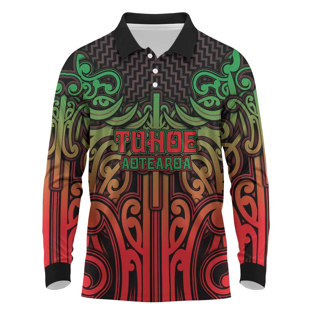 Custom Aotearoa Tuhoe Long Sleeve Polo Shirt Maori Tribal Pattern Mix Poutama