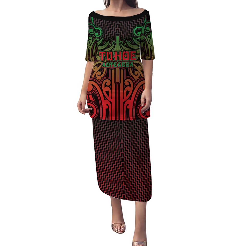 Custom Aotearoa Tuhoe Puletasi Maori Tribal Pattern Mix Poutama LT05 Long Dress Black - Polynesian Pride