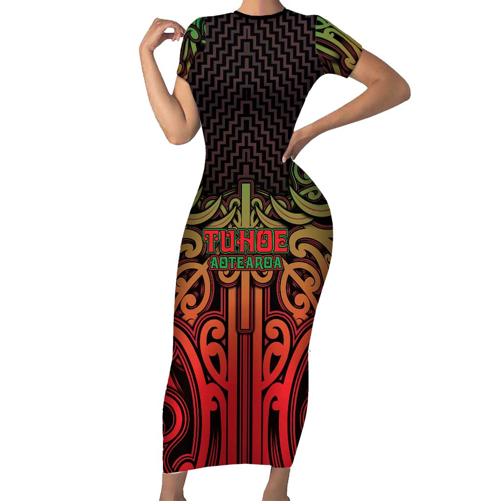 Custom Aotearoa Tuhoe Short Sleeve Bodycon Dress Maori Tribal Pattern Mix Poutama LT05 Long Dress Black - Polynesian Pride