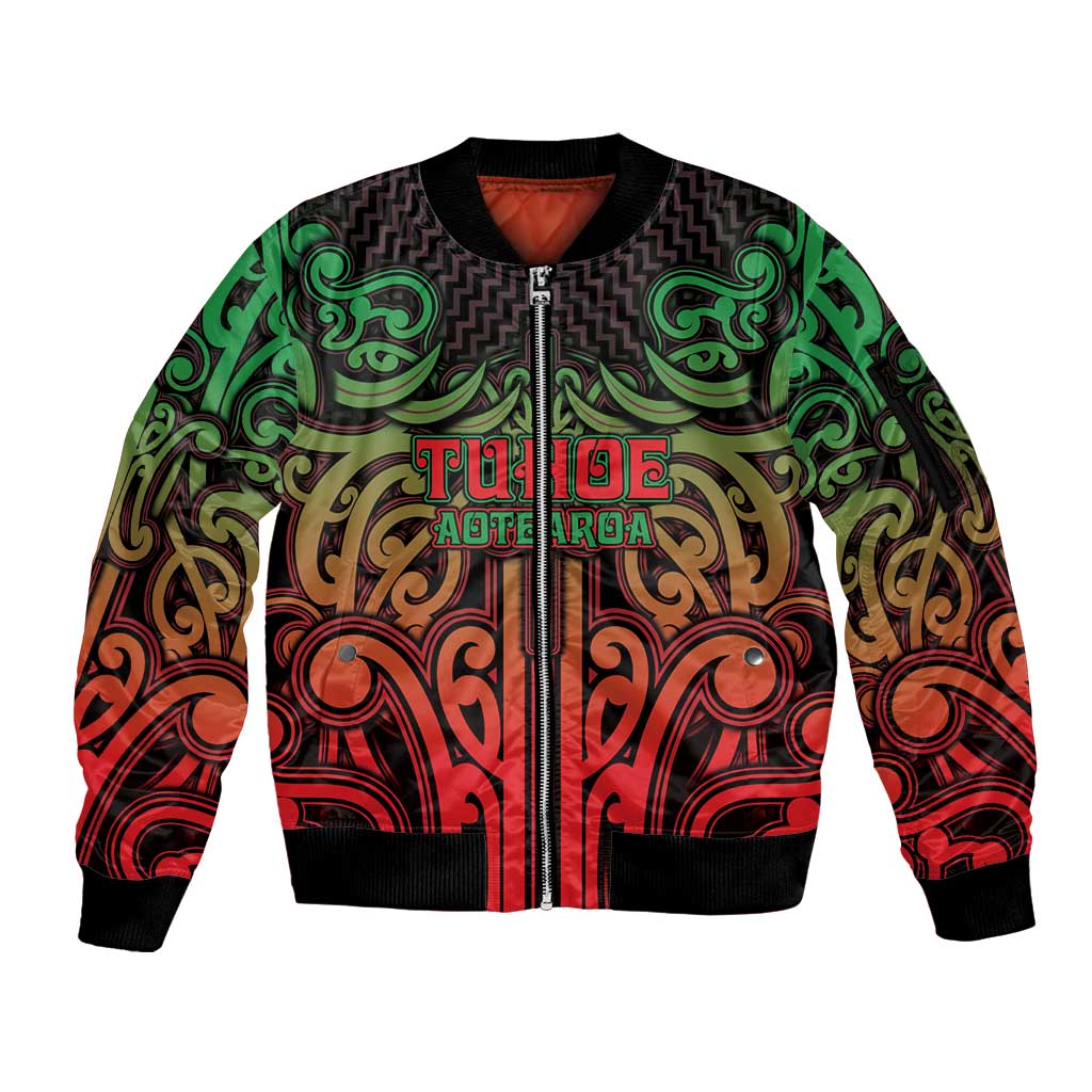 Custom Aotearoa Tuhoe Sleeve Zip Bomber Jacket Maori Tribal Pattern Mix Poutama LT05 Unisex Black - Polynesian Pride