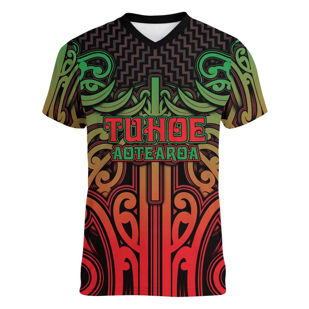 Custom Aotearoa Tuhoe Women V-Neck T-Shirt Maori Tribal Pattern Mix Poutama LT05 Female Black - Polynesian Pride