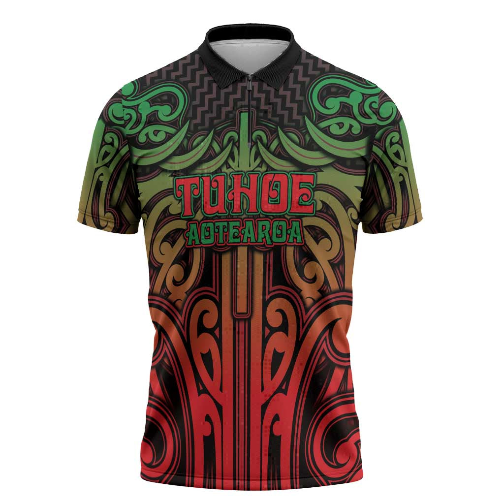 Custom Aotearoa Tuhoe Zipper Polo Shirt Maori Tribal Pattern Mix Poutama