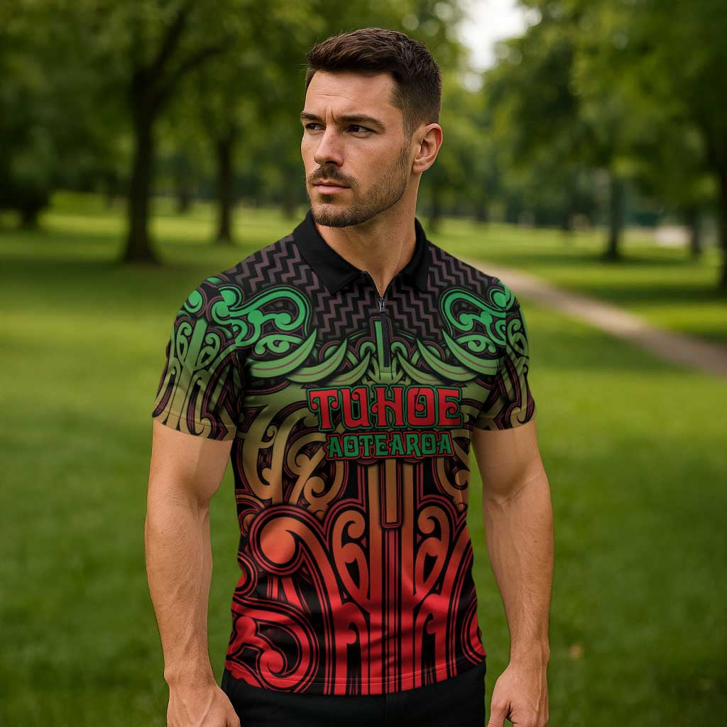 Custom Aotearoa Tuhoe Zipper Polo Shirt Maori Tribal Pattern Mix Poutama