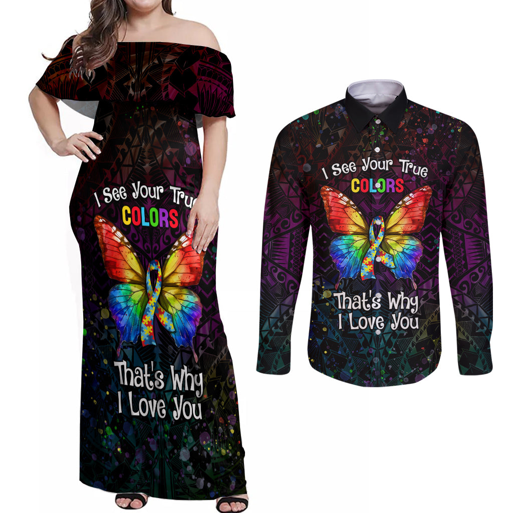 I See Your True Colors Personalised Couples Matching Off Shoulder Maxi Dress and Long Sleeve Button Shirt Autism Awareness