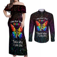 I See Your True Colors Personalised Couples Matching Off Shoulder Maxi Dress and Long Sleeve Button Shirt Autism Awareness