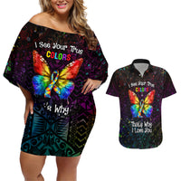I See Your True Colors Personalised Couples Matching Off Shoulder Short Dress and Hawaiian Shirt Autism Awareness