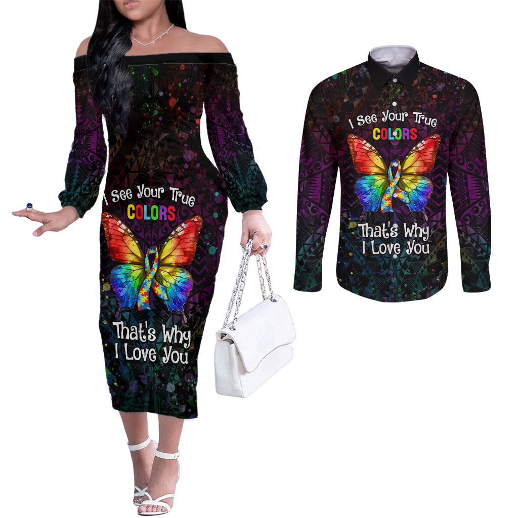I See Your True Colors Personalised Couples Matching Off The Shoulder Long Sleeve Dress and Long Sleeve Button Shirt Autism Awareness