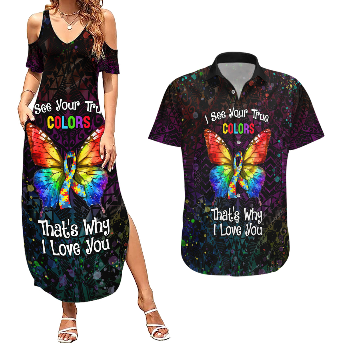 I See Your True Colors Personalised Couples Matching Summer Maxi Dress and Hawaiian Shirt Autism Awareness