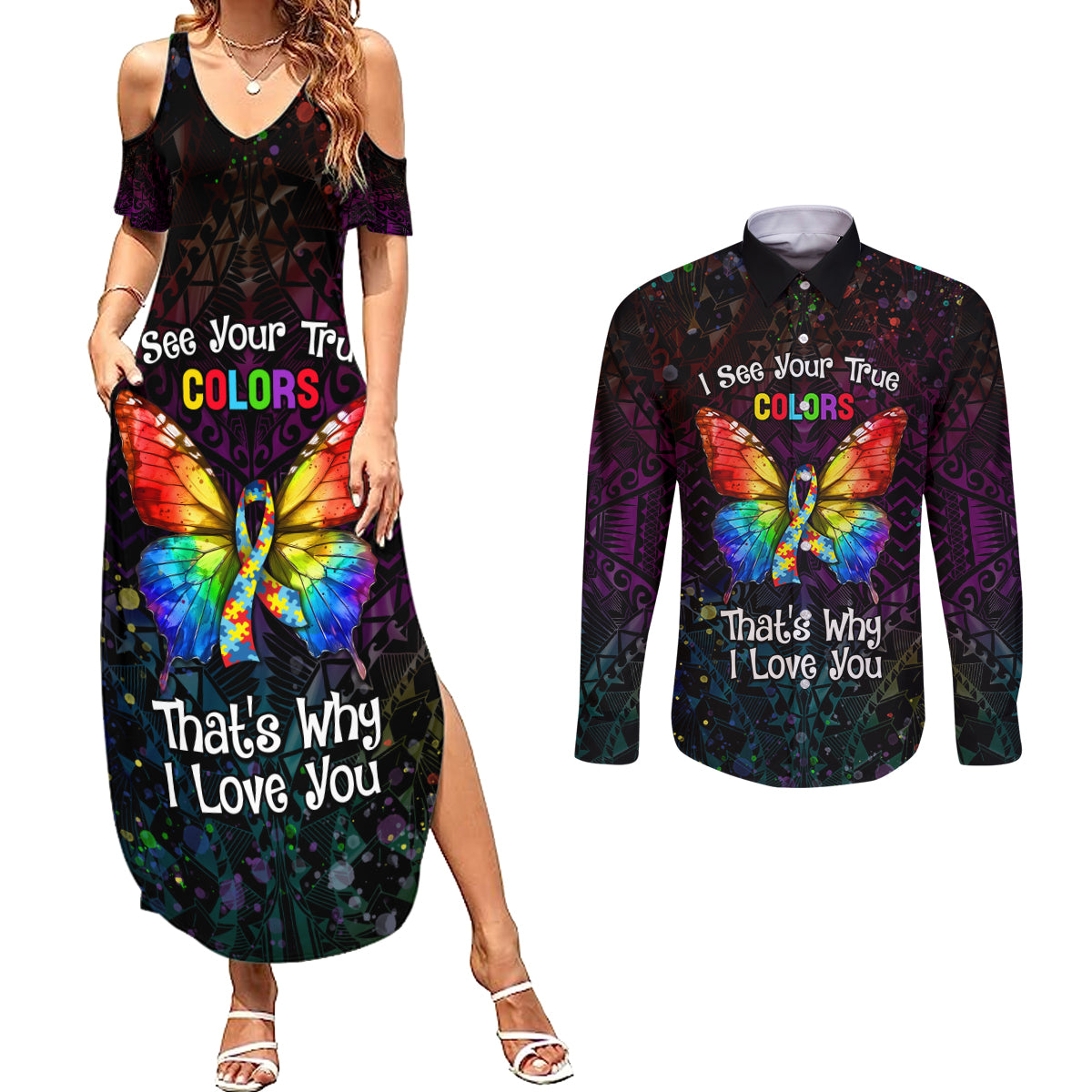 I See Your True Colors Personalised Couples Matching Summer Maxi Dress and Long Sleeve Button Shirt Autism Awareness