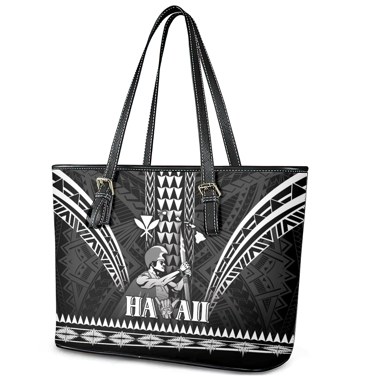 Hawaii Happy King Kamehameha Day Leather Tote Bag Kakau Pattern