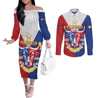 Personalised Philippines Independence Day Couples Matching Off The Shoulder Long Sleeve Dress and Long Sleeve Button Shirt Maligayang Araw ng Kalayaan Filipino Carabao LT05 Red - Polynesian Pride