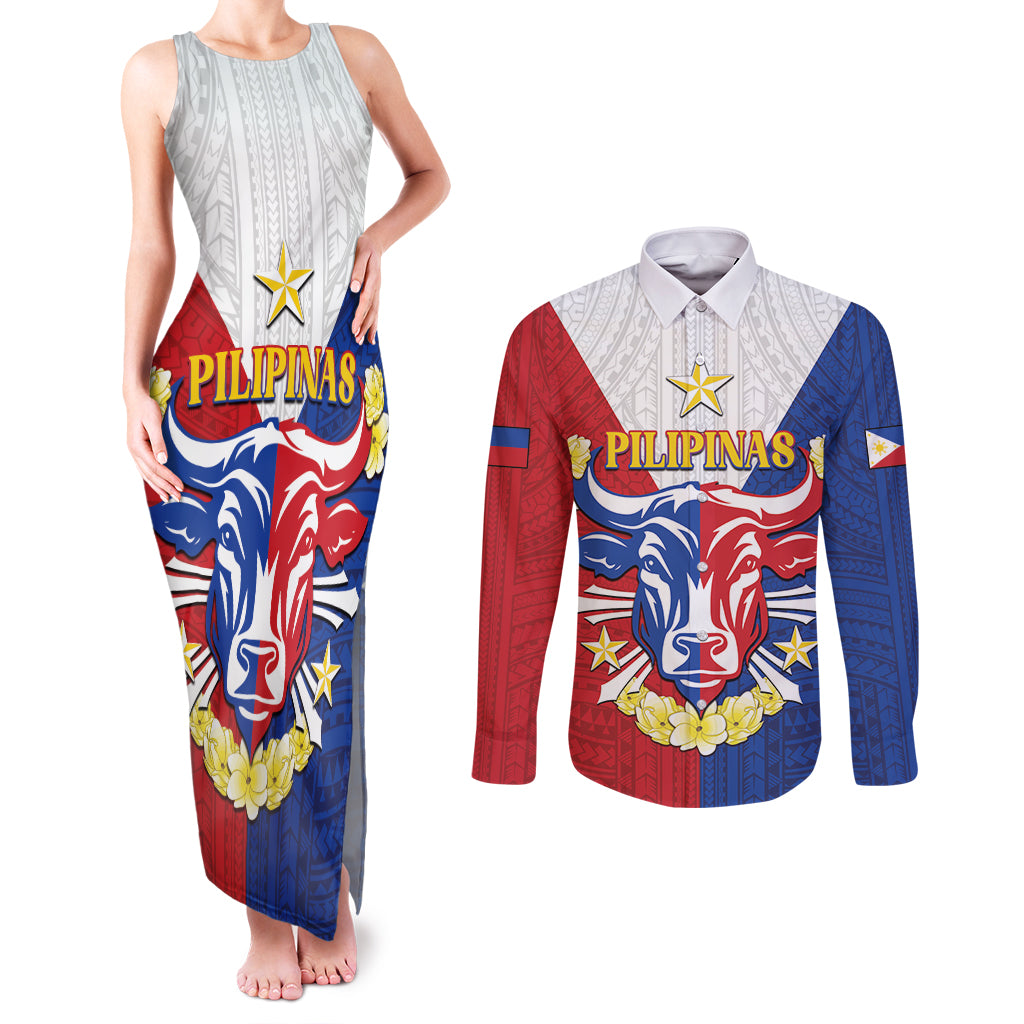 Personalised Philippines Independence Day Couples Matching Tank Maxi Dress and Long Sleeve Button Shirt Maligayang Araw ng Kalayaan Filipino Carabao LT05 Red - Polynesian Pride