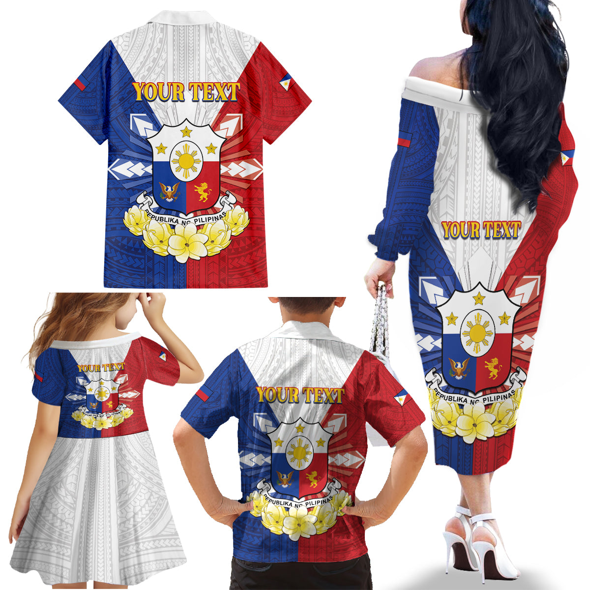 Personalised Philippines Independence Day Family Matching Off The Shoulder Long Sleeve Dress and Hawaiian Shirt Maligayang Araw ng Kalayaan Filipino Carabao