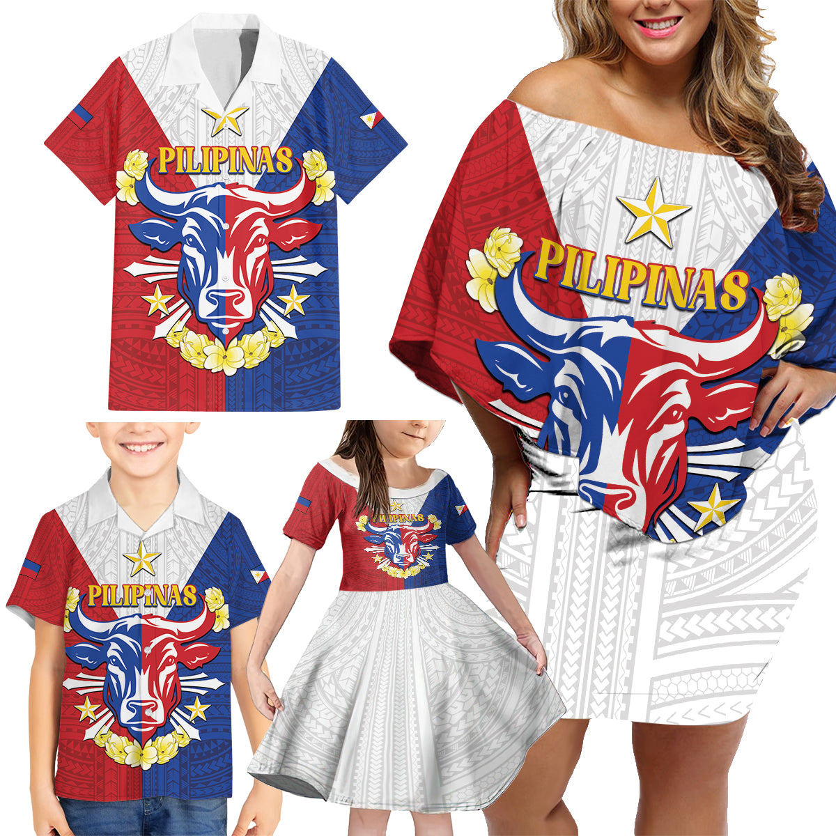Personalised Philippines Independence Day Family Matching Off Shoulder Short Dress and Hawaiian Shirt Maligayang Araw ng Kalayaan Filipino Carabao LT05 - Polynesian Pride