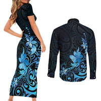 Matariki New Zealand Couples Matching Short Sleeve Bodycon Dress and Long Sleeve Button Shirt Maori Pattern Blue Galaxy