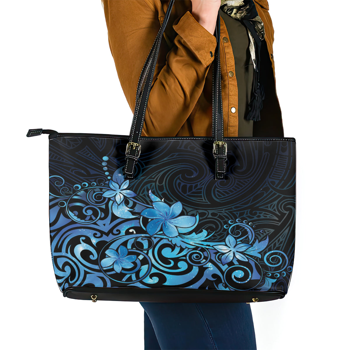 Matariki New Zealand Leather Tote Bag Maori Pattern Blue Galaxy LT05 - Polynesian Pride