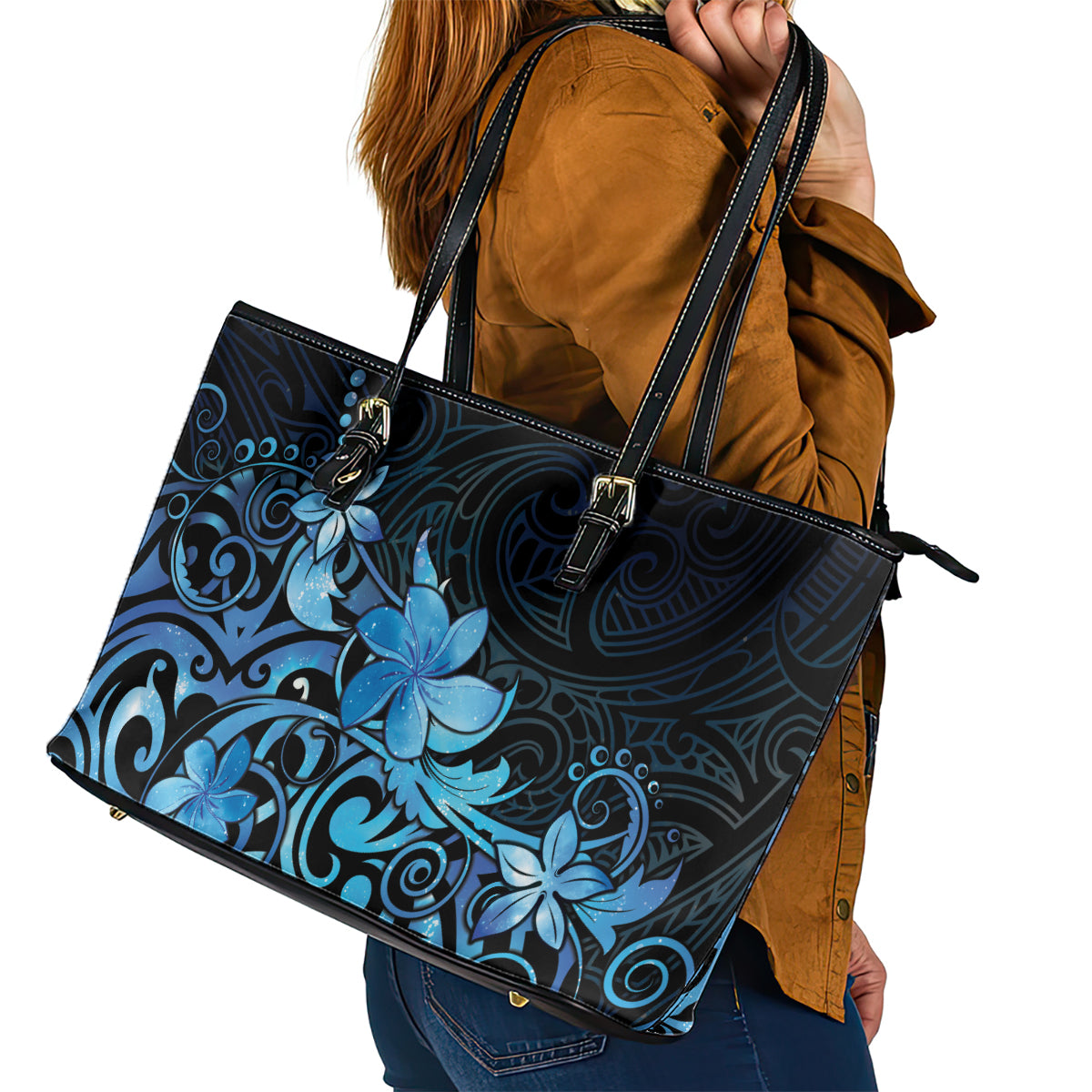 Matariki New Zealand Leather Tote Bag Maori Pattern Blue Galaxy LT05 - Polynesian Pride