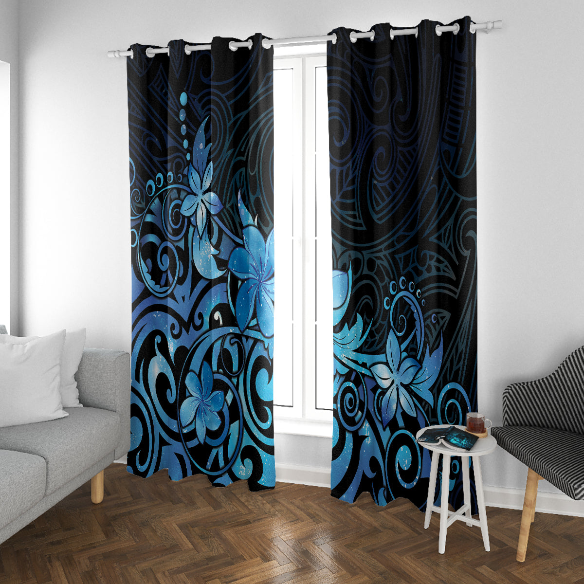 Matariki New Zealand Window Curtain Maori Pattern Blue Galaxy LT05 With Grommets Blue - Polynesian Pride