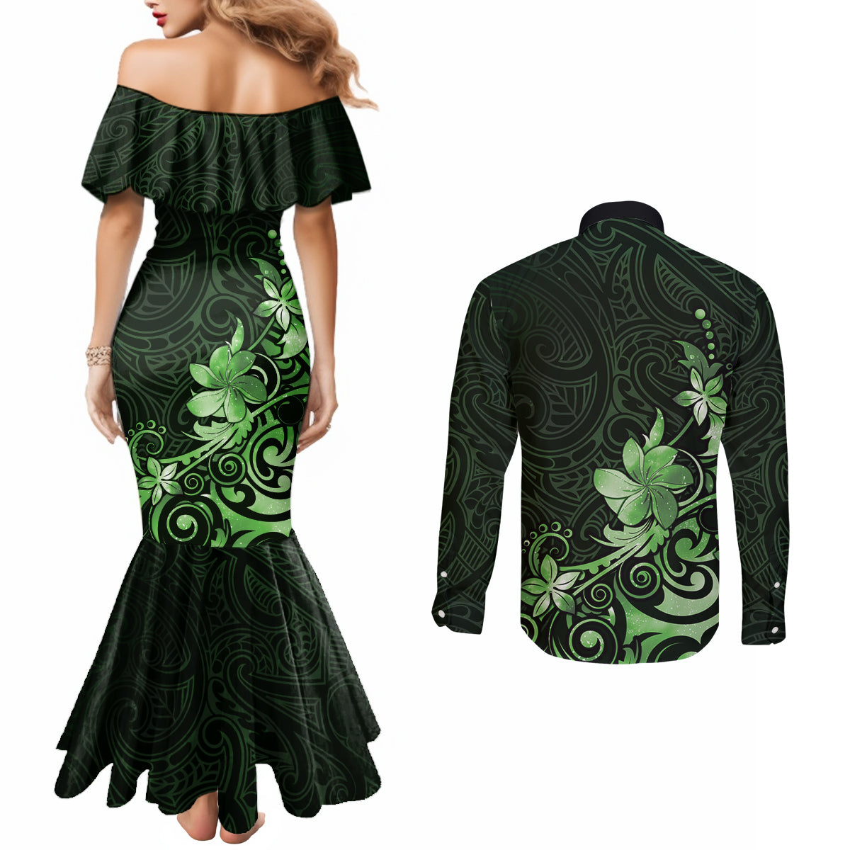 Matariki New Zealand Couples Matching Mermaid Dress and Long Sleeve Button Shirt Maori Pattern Green Galaxy