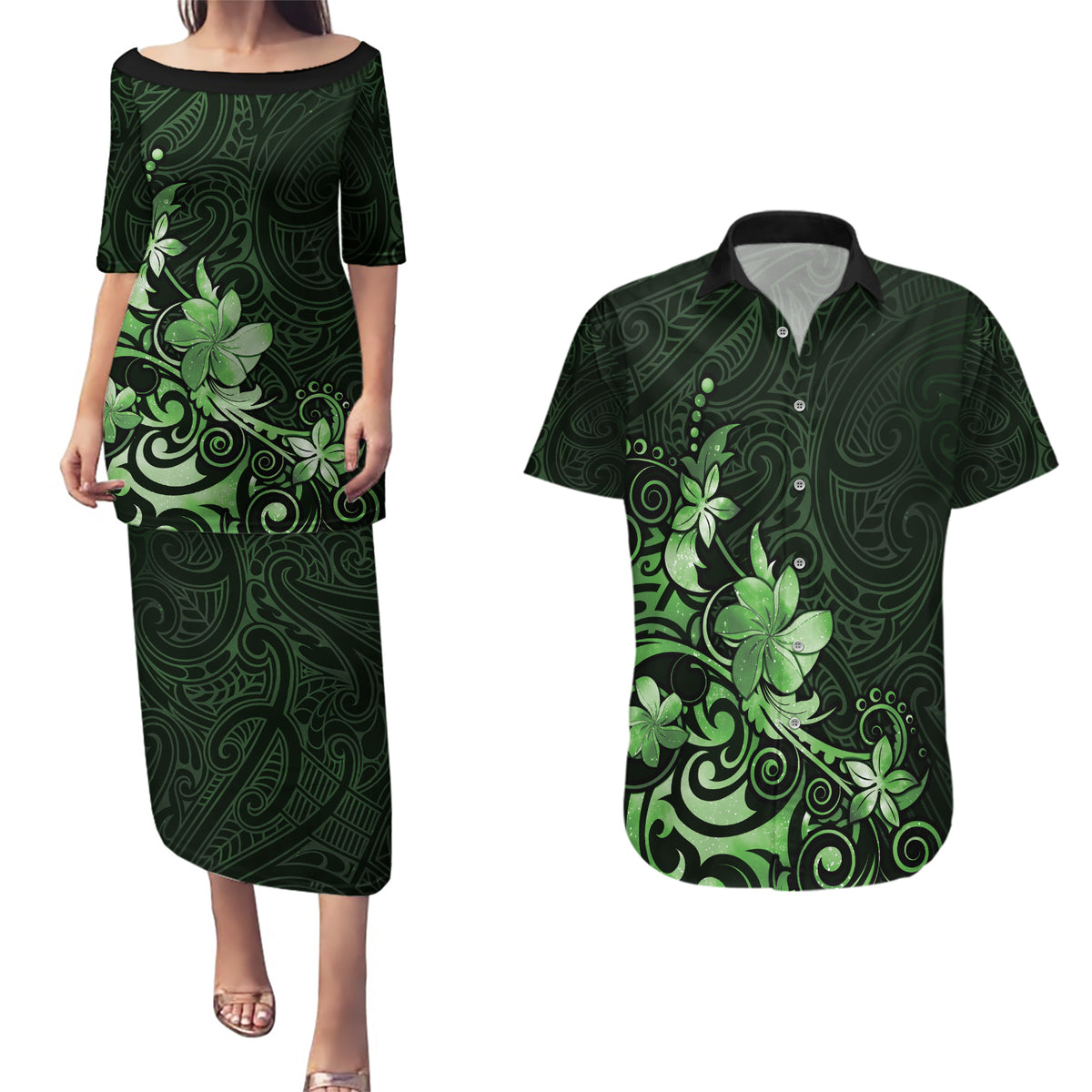 Matariki New Zealand Couples Matching Puletasi and Hawaiian Shirt Maori Pattern Green Galaxy LT05 Green - Polynesian Pride
