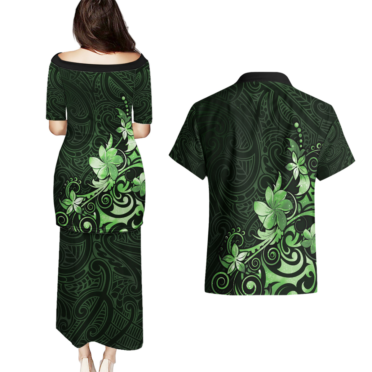 Matariki New Zealand Couples Matching Puletasi and Hawaiian Shirt Maori Pattern Green Galaxy LT05 - Polynesian Pride