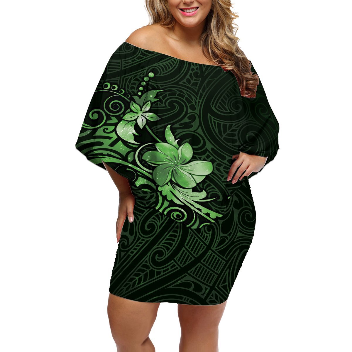 Matariki New Zealand Off Shoulder Short Dress Maori Pattern Green Galaxy LT05 Women Green - Polynesian Pride