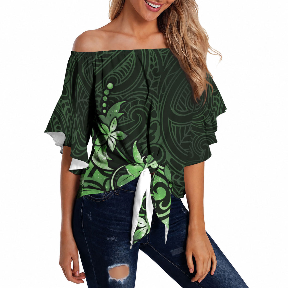 Matariki New Zealand Off Shoulder Wrap Waist Top Maori Pattern Green Galaxy LT05 - Polynesian Pride