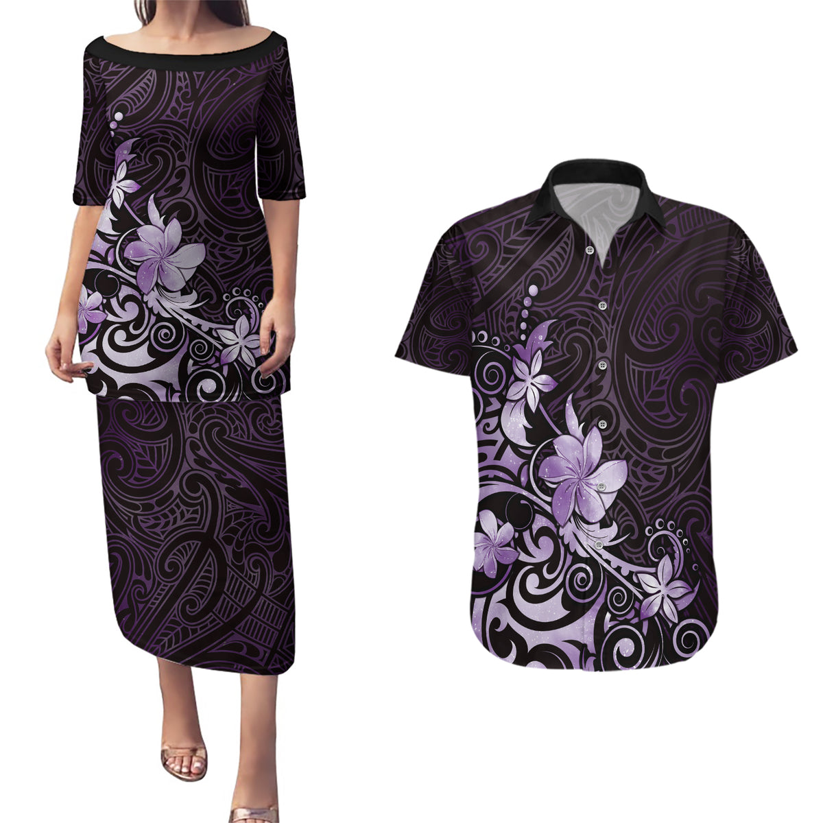 Matariki New Zealand Couples Matching Puletasi and Hawaiian Shirt Maori Pattern Purple Galaxy LT05 Purple - Polynesian Pride