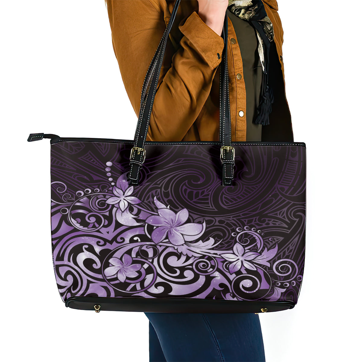 Matariki New Zealand Leather Tote Bag Maori Pattern Purple Galaxy LT05 - Polynesian Pride