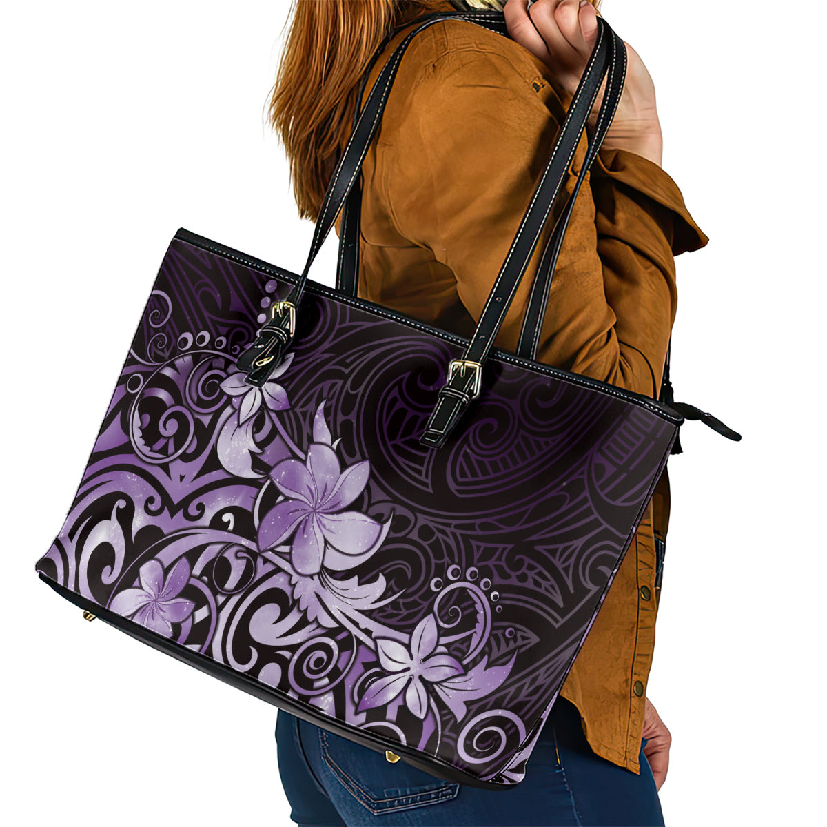 Matariki New Zealand Leather Tote Bag Maori Pattern Purple Galaxy LT05 - Polynesian Pride