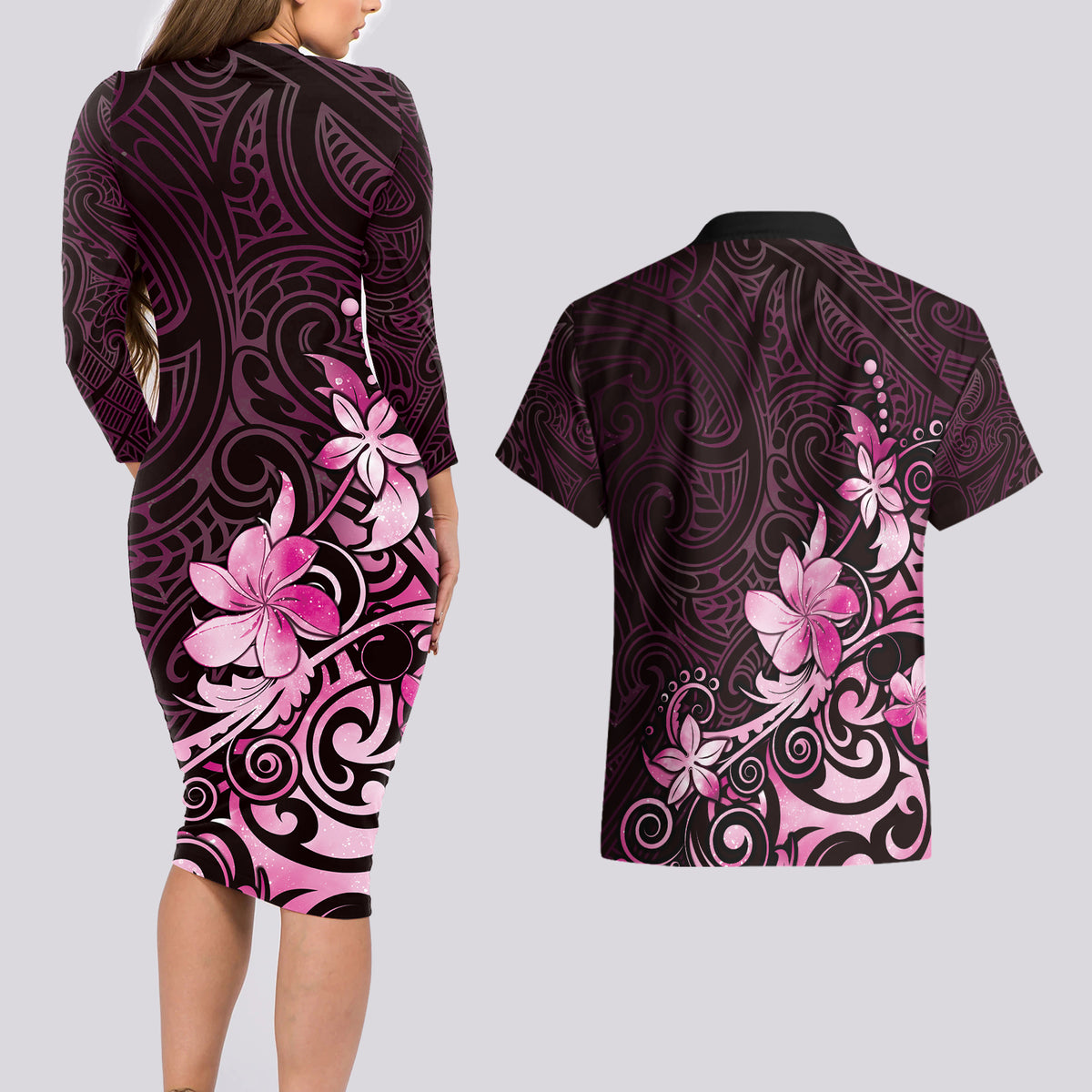 Matariki New Zealand Couples Matching Long Sleeve Bodycon Dress and Hawaiian Shirt Maori Pattern Pink Galaxy