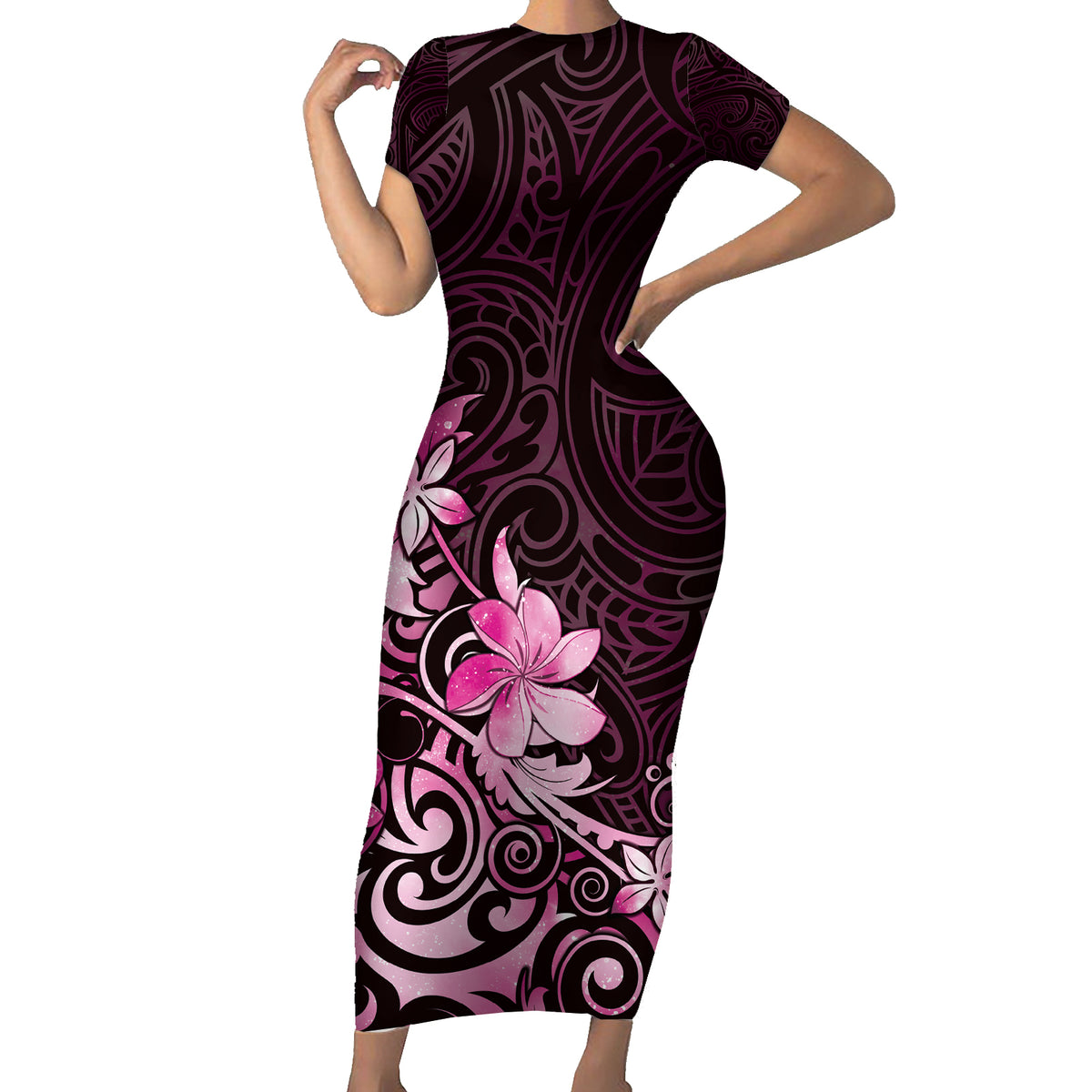 Matariki New Zealand Short Sleeve Bodycon Dress Maori Pattern Pink Galaxy LT05 Long Dress Pink - Polynesian Pride