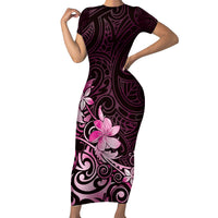 Matariki New Zealand Short Sleeve Bodycon Dress Maori Pattern Pink Galaxy LT05 Long Dress Pink - Polynesian Pride