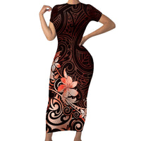 Matariki New Zealand Short Sleeve Bodycon Dress Maori Pattern Red Galaxy LT05 Long Dress Red - Polynesian Pride