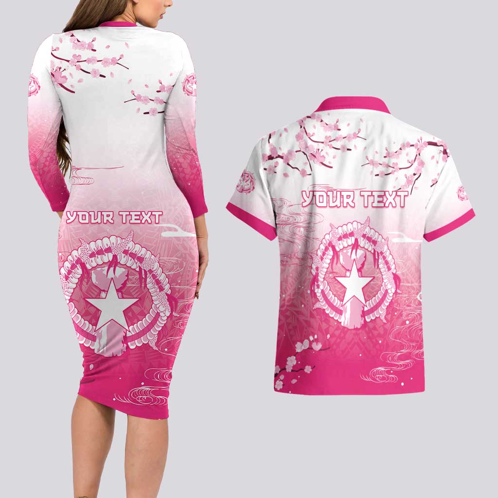 Personalized Sakura Marianas Couples Matching Long Sleeve Bodycon Dress and Hawaiian Shirt CNMI Seal
