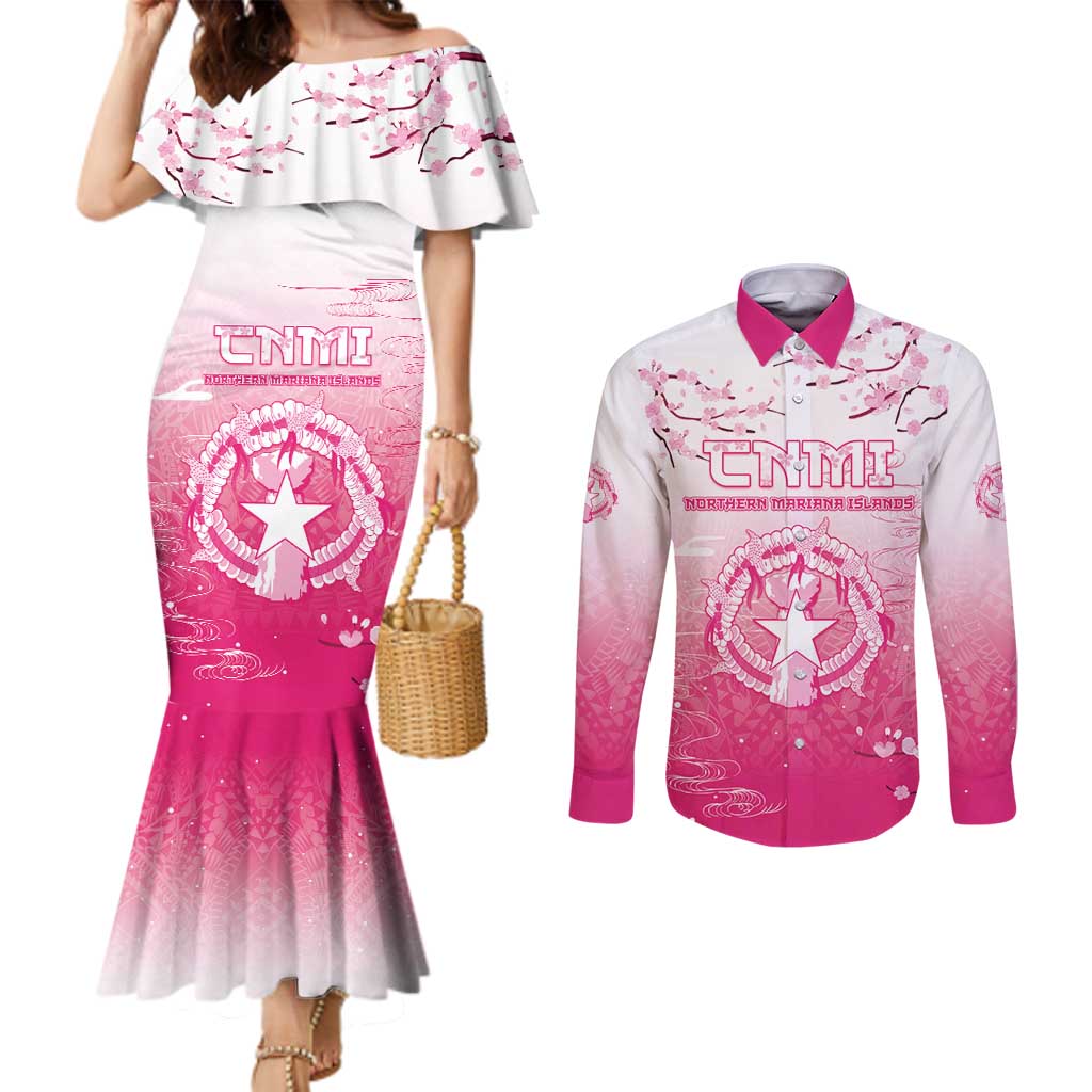 Personalized Sakura Marianas Couples Matching Mermaid Dress and Long Sleeve Button Shirt CNMI Seal