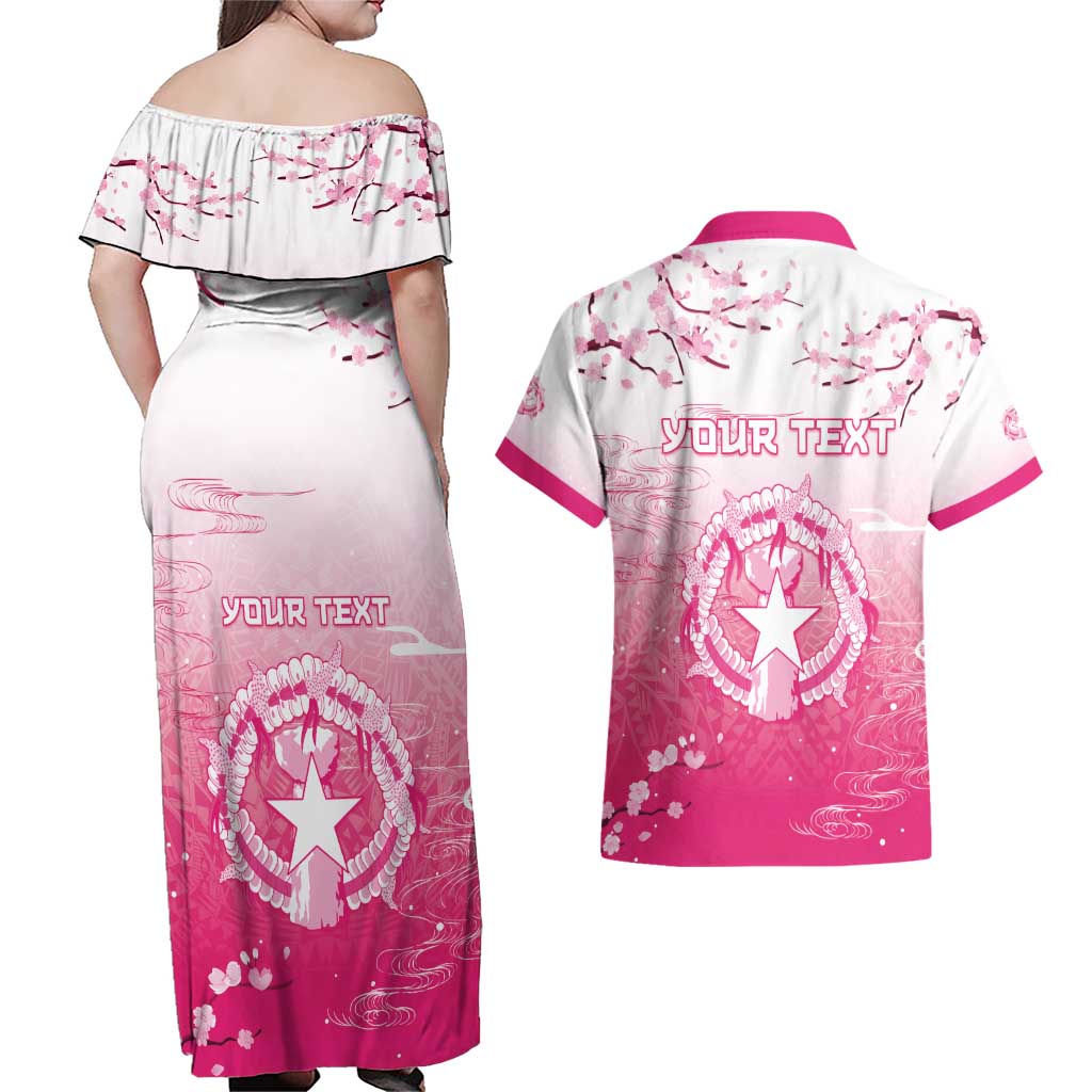 Personalized Sakura Marianas Couples Matching Off Shoulder Maxi Dress and Hawaiian Shirt CNMI Seal LT05 - Polynesian Pride