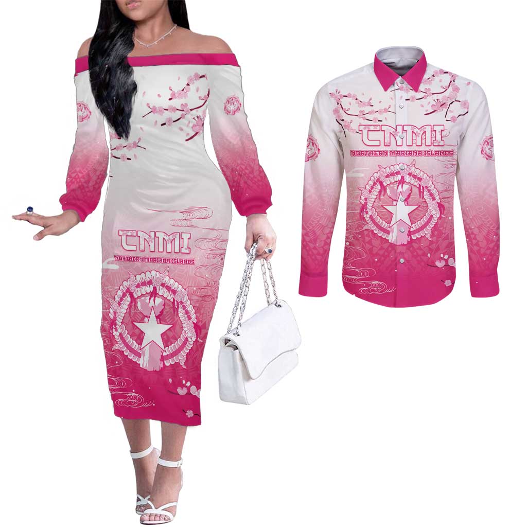 Personalized Sakura Marianas Couples Matching Off The Shoulder Long Sleeve Dress and Long Sleeve Button Shirt CNMI Seal LT05 Pink - Polynesian Pride