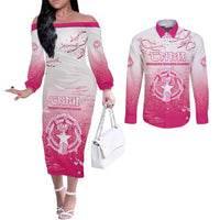 Personalized Sakura Marianas Couples Matching Off The Shoulder Long Sleeve Dress and Long Sleeve Button Shirt CNMI Seal LT05 Pink - Polynesian Pride
