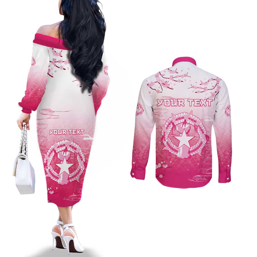 Personalized Sakura Marianas Couples Matching Off The Shoulder Long Sleeve Dress and Long Sleeve Button Shirt CNMI Seal LT05 - Polynesian Pride