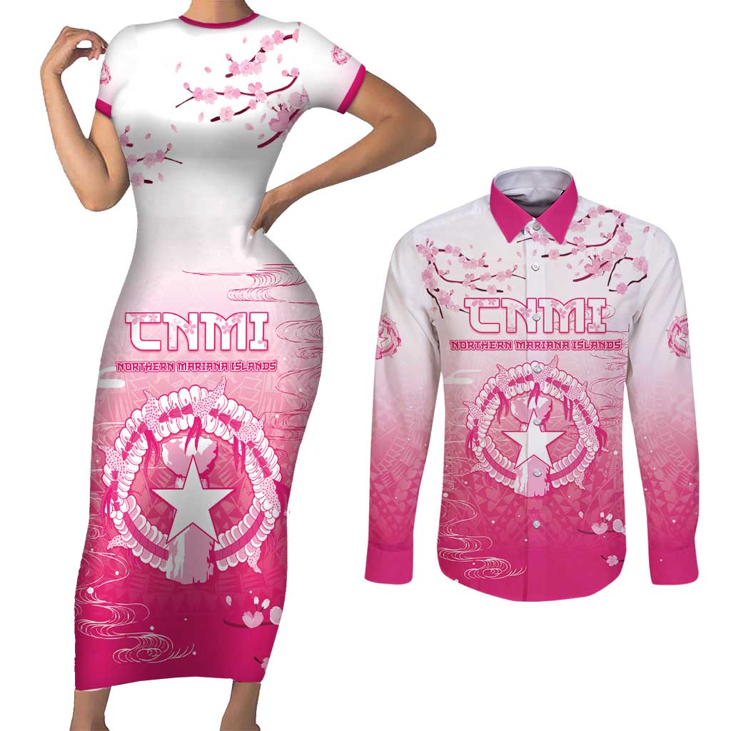 Personalized Sakura Marianas Couples Matching Short Sleeve Bodycon Dress and Long Sleeve Button Shirt CNMI Seal