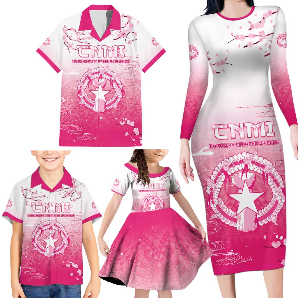 Personalized Sakura Marianas Family Matching Long Sleeve Bodycon Dress and Hawaiian Shirt CNMI Seal LT05 - Polynesian Pride