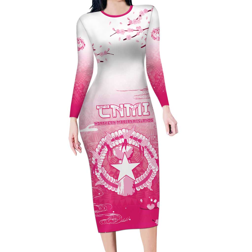 Personalized Sakura Marianas Family Matching Long Sleeve Bodycon Dress and Hawaiian Shirt CNMI Seal LT05 Mom's Dress Pink - Polynesian Pride